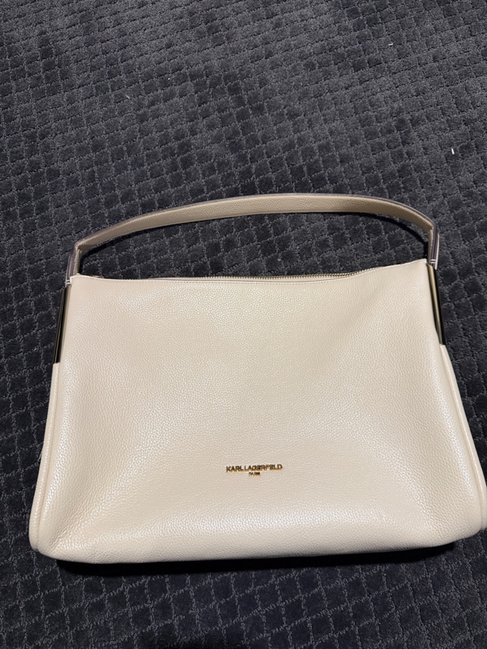 Karl Lagerfeld Pebbled Cream Leather Shoulder Bag with Gold Logo